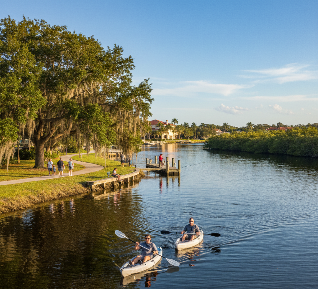 Two people paddling kayaks down a calm, sunlit river or canal bordered by a paved walking path. A large oak tree draped in Spanish moss shades pedestrians and individuals sitting on a small wooden dock, with upscale homes visible in the distant background.