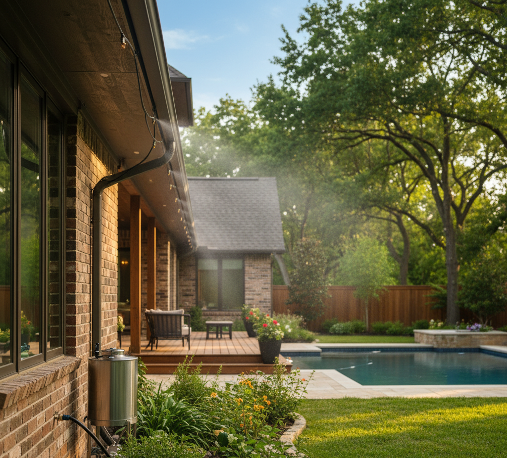 An outdoor mosquito or insect misting system canister mounted on the exterior brick wall of a home, with misting nozzles visible along the eaves and gutter line, protecting the backyard, pool, and wooden deck area.