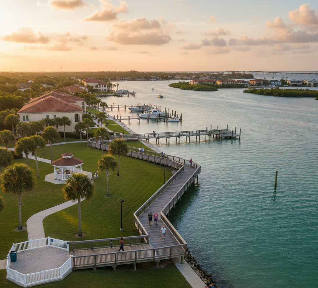An elevated view of a waterfront park at sunset featuring a curved wooden boardwalk extending over the turquoise water. The park includes a grassy lawn, palm trees, a white gazebo, and a marina with boats docked nearby, with luxury Spanish-style buildings lining the shore.