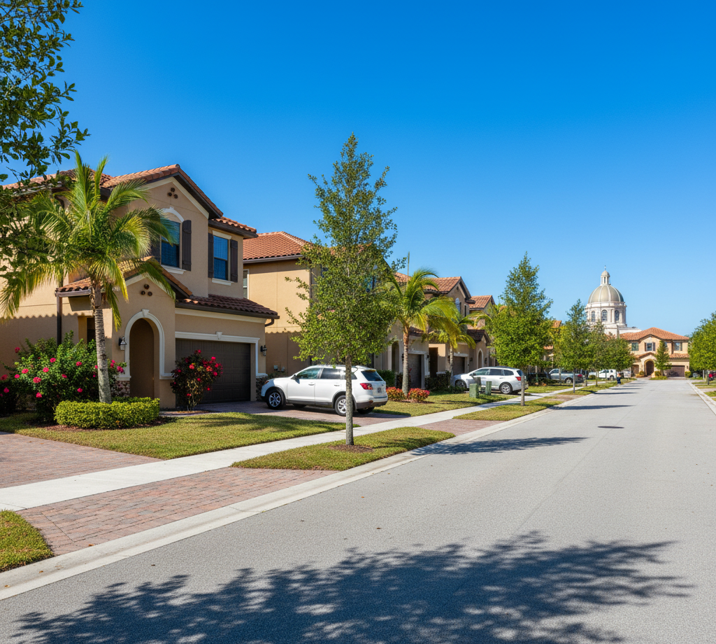 A sunny view of a modern, upscale suburban street lined with stucco and tile-roofed two-story houses. Palm trees and young deciduous trees line the sidewalk, with a large, classical dome structure visible in the distance down the road.