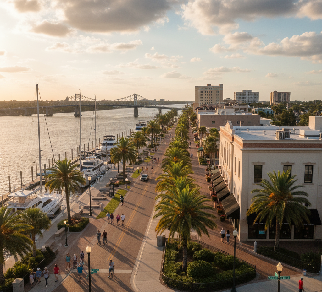 An aerial view of a vibrant downtown waterfront street lined with palm trees, historic buildings, and paved sidewalks. People are walking and bicycling near the marina, where several large yachts are docked. A large bridge crosses a wide river in the background under a sunset sky.