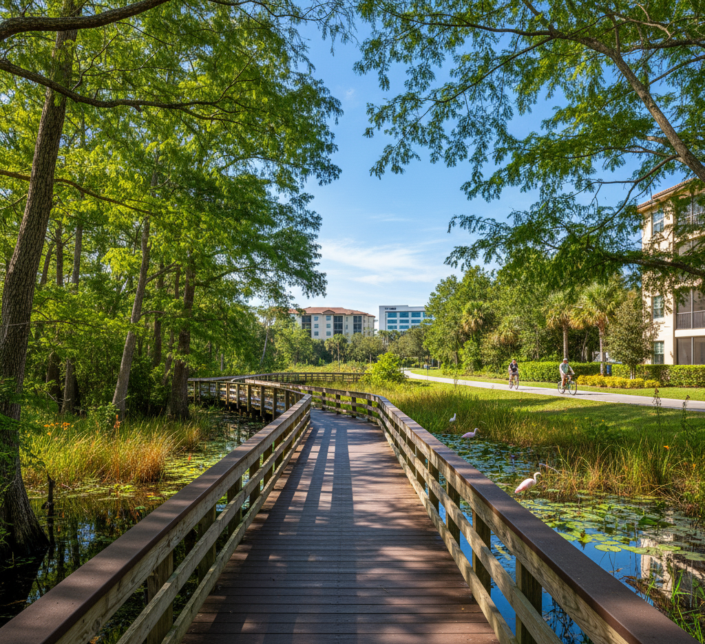 A wooden boardwalk extending over a lush, sunlit wetland or marsh, framed by trees. In the background, a paved path runs alongside and leads toward modern apartment buildings and office complexes in the distance, with two people cycling nearby.