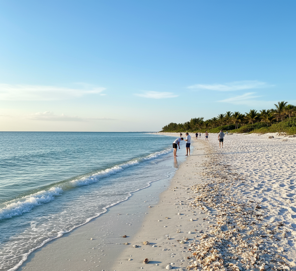 A wide, pristine white-sand beach meeting the clear turquoise ocean under a bright blue sky. Several people are walking along the shore, which is partially covered in shell fragments and seaweed, with a thick line of palm trees and tropical foliage bordering the sand.