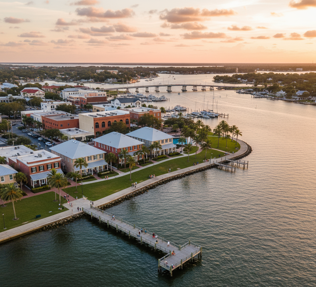 An aerial view of a historic waterfront town at sunset, showing a mix of commercial and residential buildings with tin roofs. The foreground features a grassy park and a wooden fishing pier extending into the water, with a marina full of sailboats and a bridge crossing the river in the background.