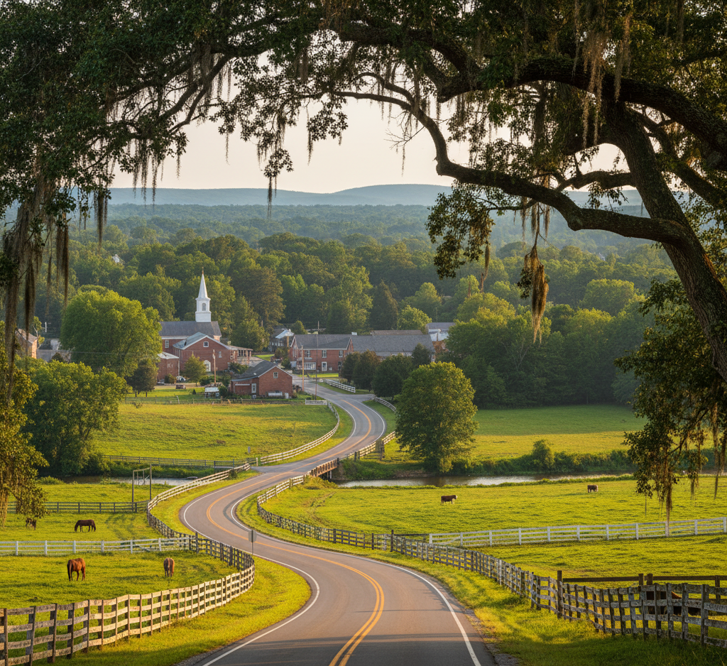 A winding asphalt country road framed by an arch of moss-draped oak trees, passing through rolling green pastures secured by white fencing. The road leads into a picturesque, tree-lined village featuring a brick church with a white steeple and several rural buildings in the distance.