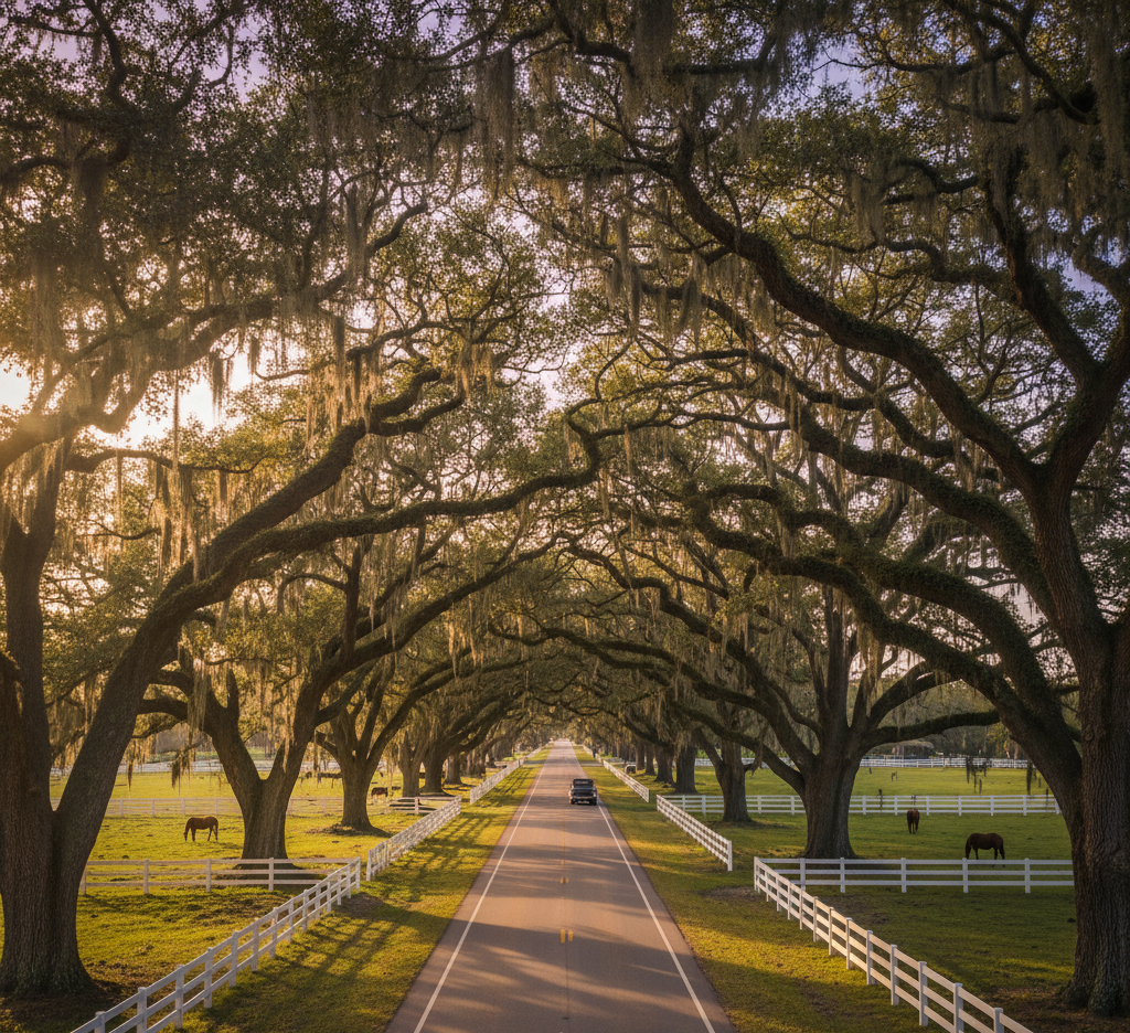 A grand, iconic avenue where massive live oak trees heavily draped with Spanish moss form a dramatic archway over a paved two-lane road. White wooden fences border the road, enclosing green pastures with several horses grazing, captured during a bright sunrise or sunset.