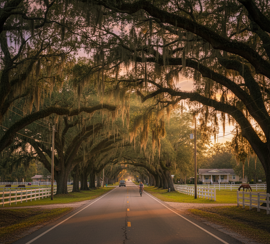 A scenic road shaded by large oak trees covered in Spanish moss, with white fences and houses on both sides.