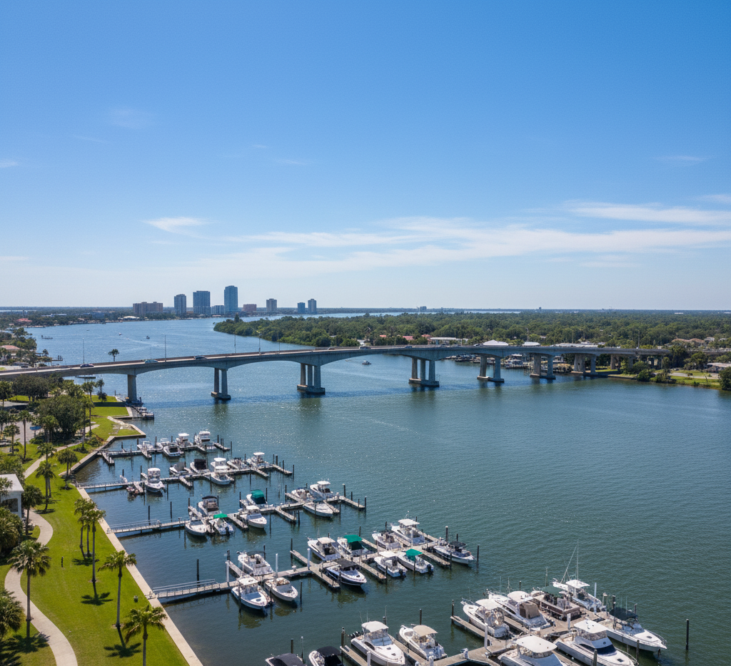An aerial view of a busy marina filled with yachts and boats docked along the waterfront. In the background, a large concrete bridge crosses the wide river or inlet, leading toward a distant city skyline and urban development under a clear blue sky.