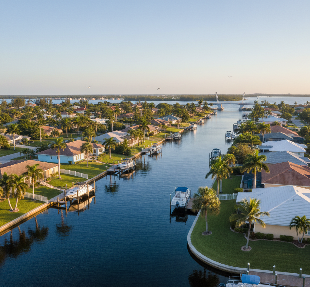 An aerial view of a densely populated coastal community featuring a long, dark blue canal lined with houses, each having private docks and boats. Numerous palm trees are visible, and a modern bridge crosses the water in the distance.