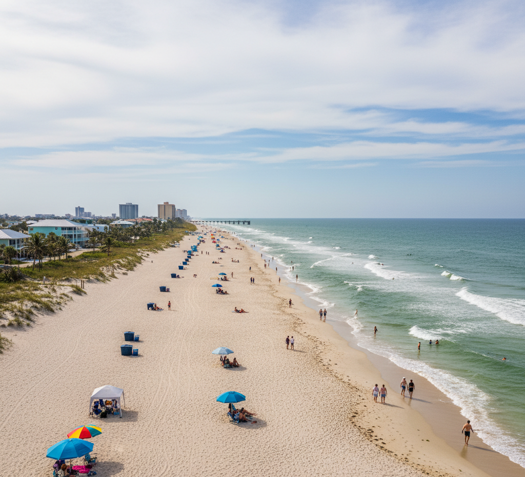 An aerial view of a wide, sandy beach stretching along the coastline on a sunny day. People are sunbathing under colorful umbrellas and walking along the shore near the surf. In the distance, a long pier extends into the ocean, with high-rise buildings and development lining the beachfront.