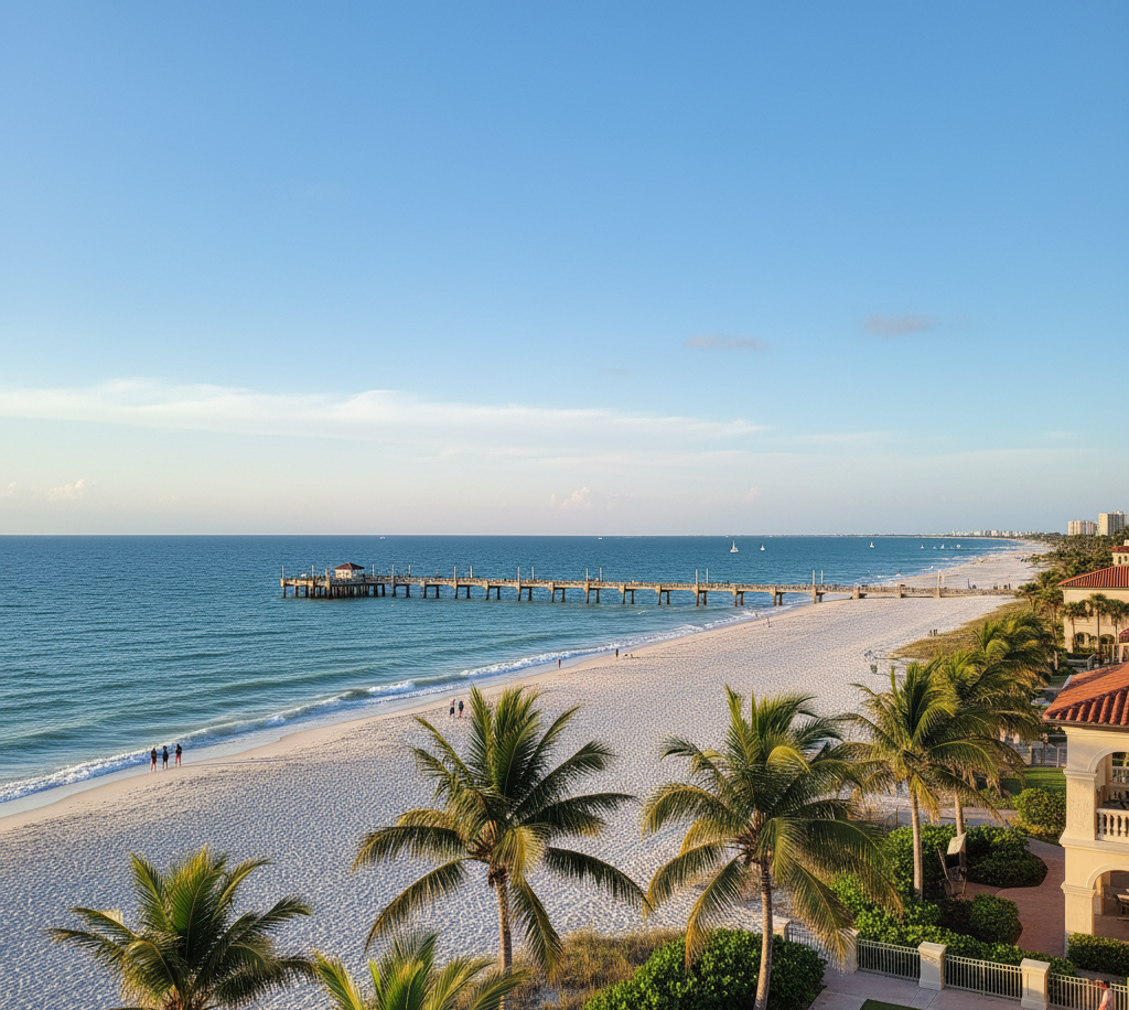 A high-angle view of a wide, pristine white-sand beach and the calm ocean under a clear blue sky. A long fishing pier extends into the water, and the foreground features palm trees and the terracotta roof of luxury beachfront architecture.