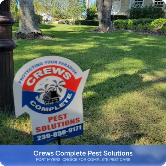 Crews Complete Pest Solutions yard sign placed on a residential property lawn.