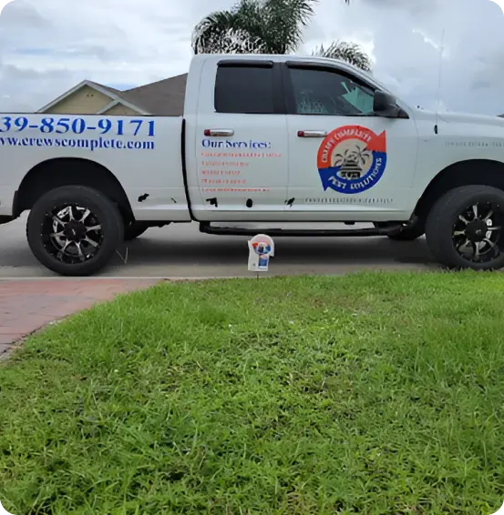 White work vehicle with Crews Complete Company Logo