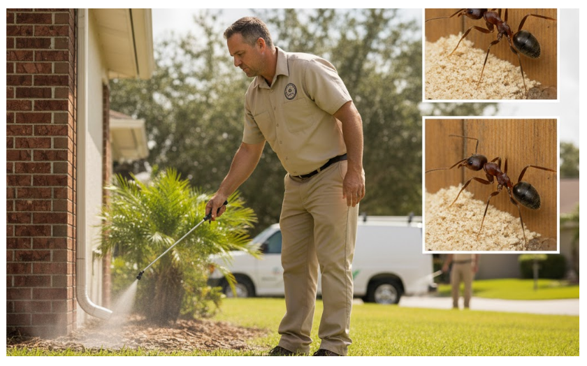 A professional pest control technician in uniform applying a spray treatment to the foundation of a brick home, with two inset close-up images showing large black ants near wood shavings, illustrating ant control services.