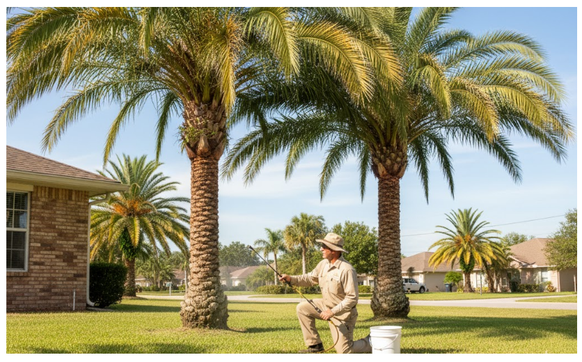 A uniformed lawn or tree care technician kneeling on a lush green lawn, using a sprayer to apply treatment to the base of two large palm trees in a sunny, suburban setting, possibly for pest or disease control.