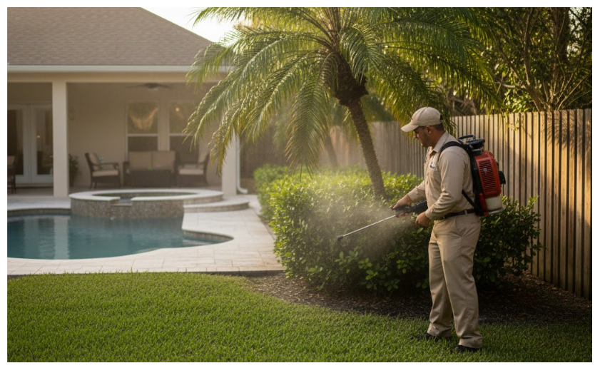 A uniformed pest control technician using a backpack mist blower to treat hedges and landscaping surrounding a luxurious residential backyard with a swimming pool and patio area, emphasizing perimeter pest control services.