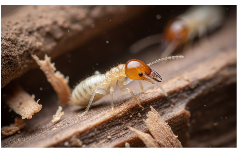 A macro photograph of a termite soldier (worker termite with a large, armored, brown head and powerful mandibles) crawling out of damaged wood, clearly showing the threat of subterranean termite infestation.