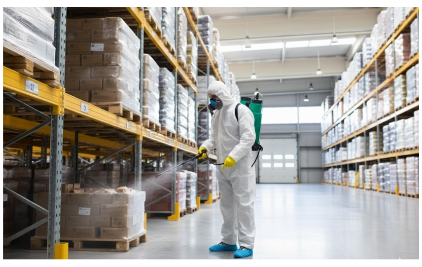 A licensed pest control technician wearing a full white protective suit (PPE), a respirator mask, and yellow gloves, applying treatment with a backpack sprayer to pallets of stored goods in a large commercial warehouse aisle.