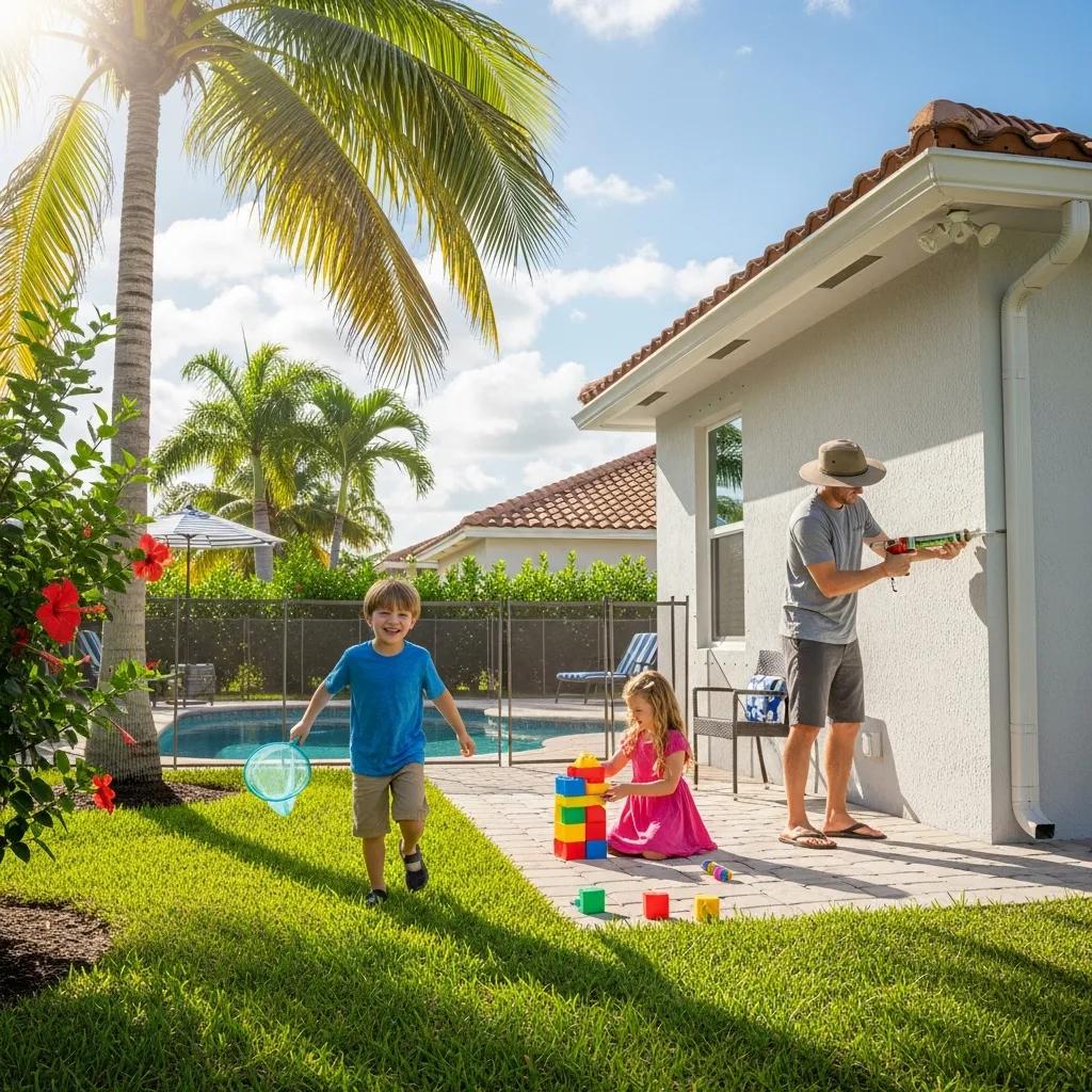 Family doing simple pest-prevention tasks in a sunny Fort Myers backyard