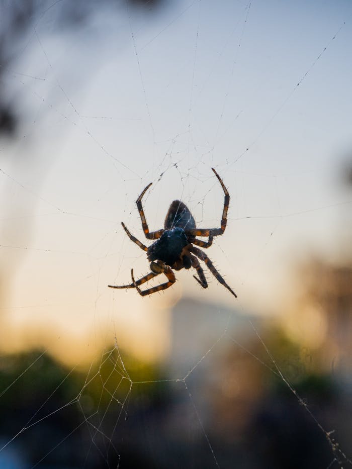 A spider delicately perched on its web, backlit by the setting sun in San Diego, California.