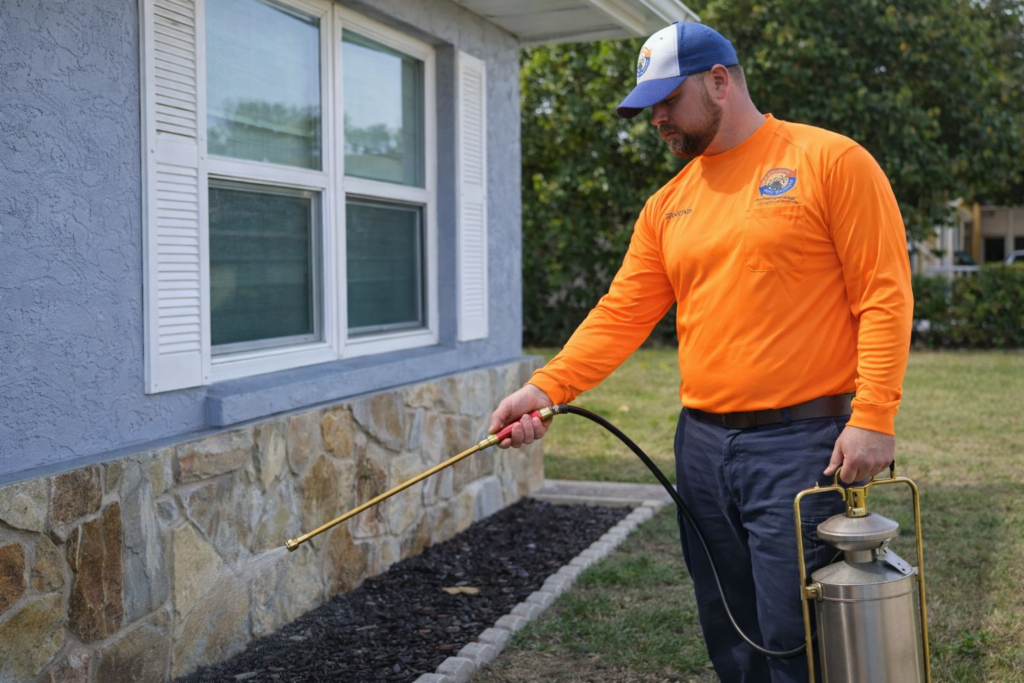 exterminator at work near the house