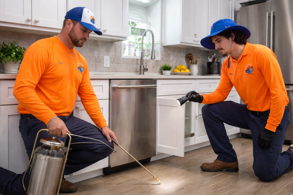 pest control technicians in modern kitchen